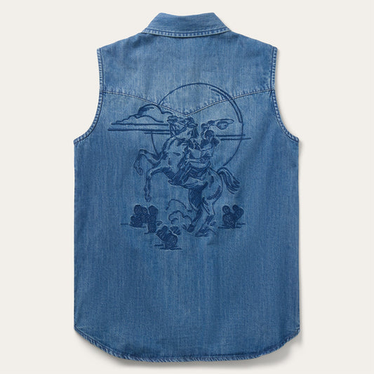 Embroidered Sleeveless Denim Shirt