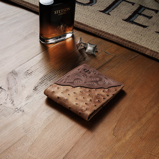 Tooled Embossed Ostrich Bi-Fold Wallet
