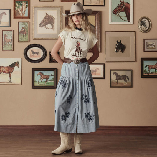 Stetson & THE GREAT. The Chambray Embroidered Highland Skirt