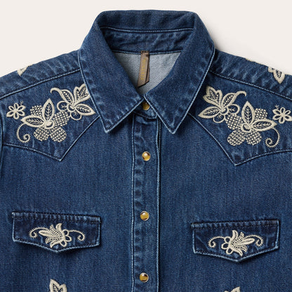 Floral Embroidered Dark Denim Shirt