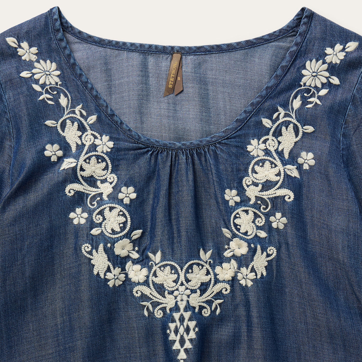 Embroidered Denim Peasant Blouse