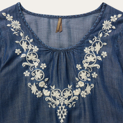 Embroidered Denim Peasant Blouse
