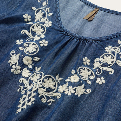 Embroidered Denim Peasant Blouse