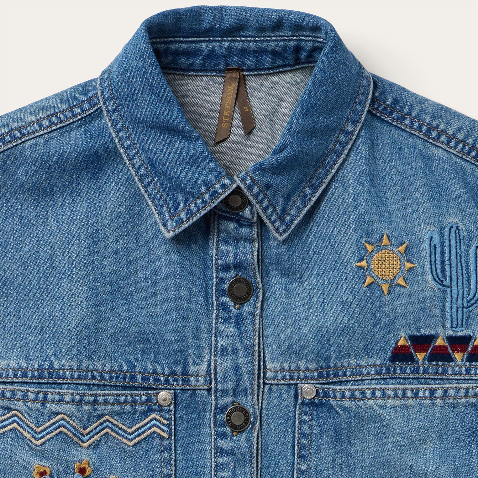 Embroidered Denim Button-Up Cropped Shirt