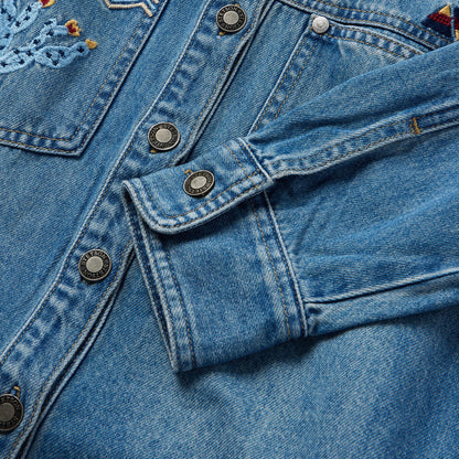 Embroidered Denim Button-Up Cropped Shirt