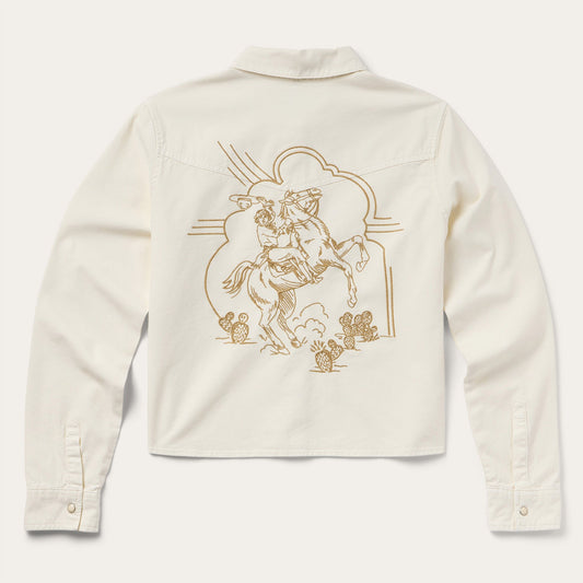 Embroidered Cream Denim Cropped Shirt