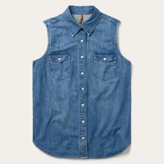 Embroidered Sleeveless Denim Shirt