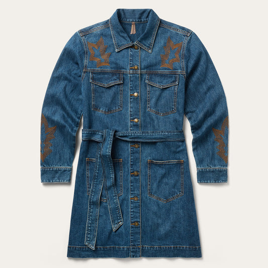 Embroidered Stretch Denim Shirt Dress