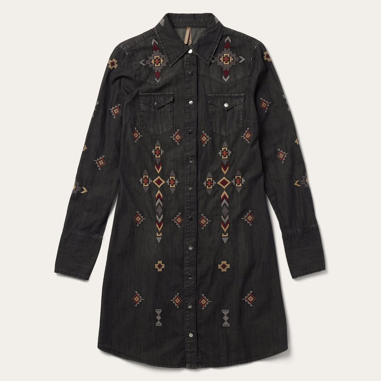 Embroidered Black Denim Shirt Dress