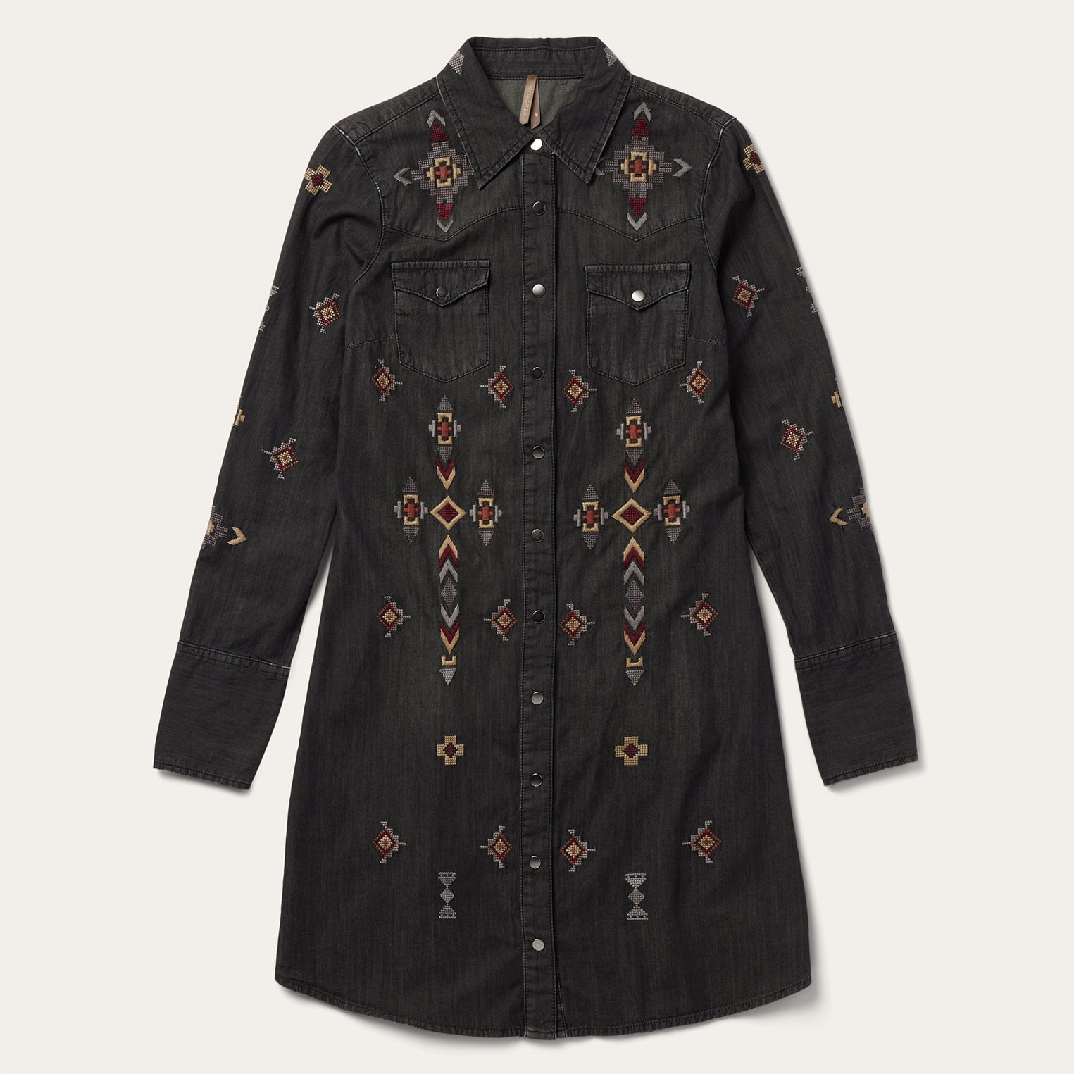 Embroidered Black Denim Shirt Dress
