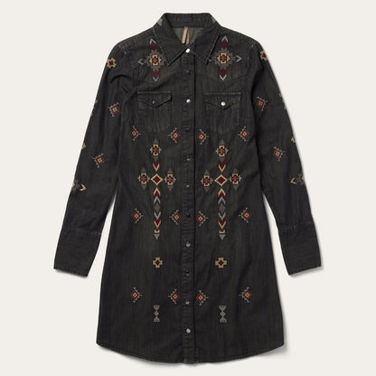 Embroidered Black Denim Shirt Dress