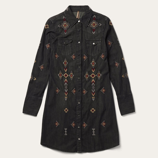 Embroidered Black Denim Shirt Dress