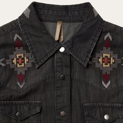 Embroidered Black Denim Shirt Dress