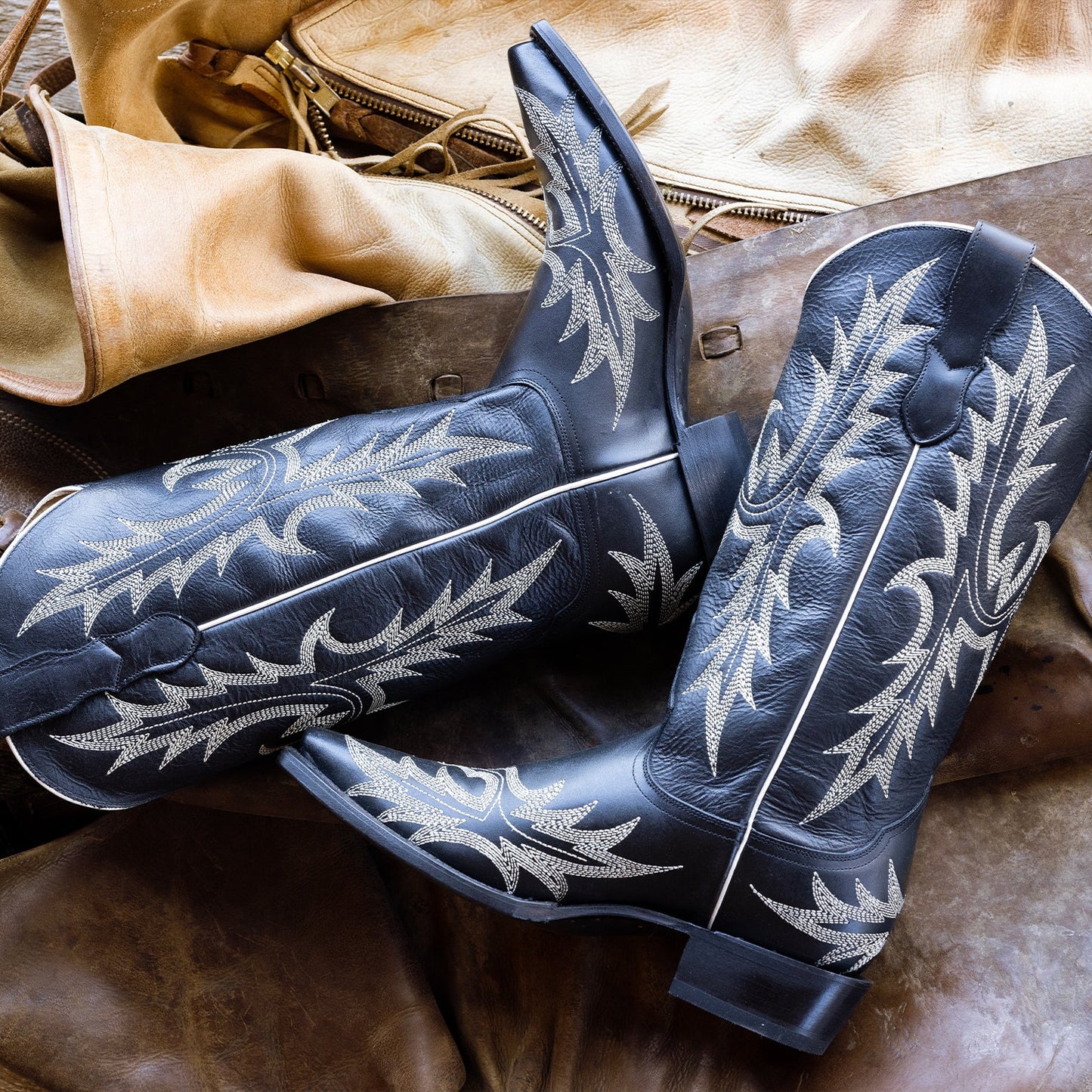 Tina Black & White Flame Embroidered Cowboy Boot