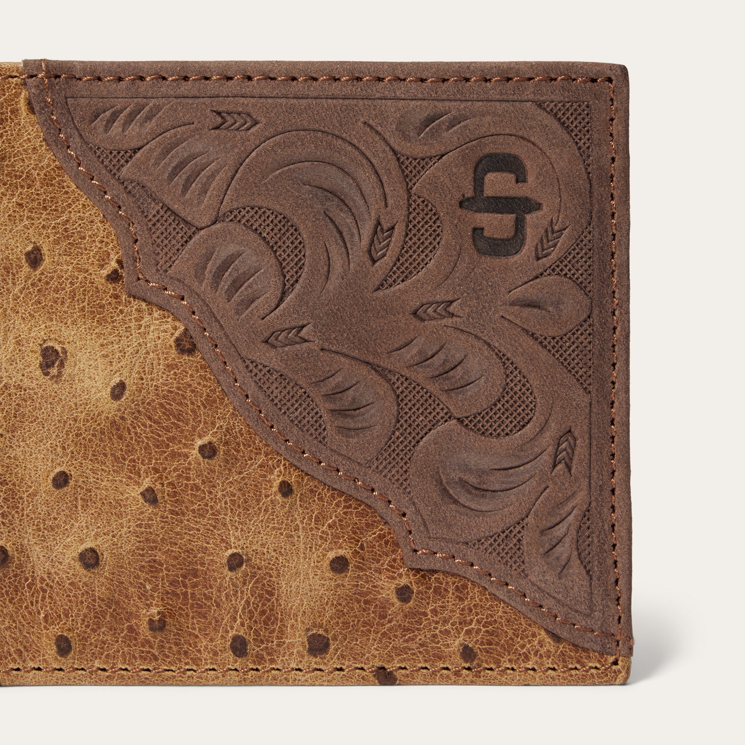Tooled Embossed Ostrich Bi-Fold Wallet
