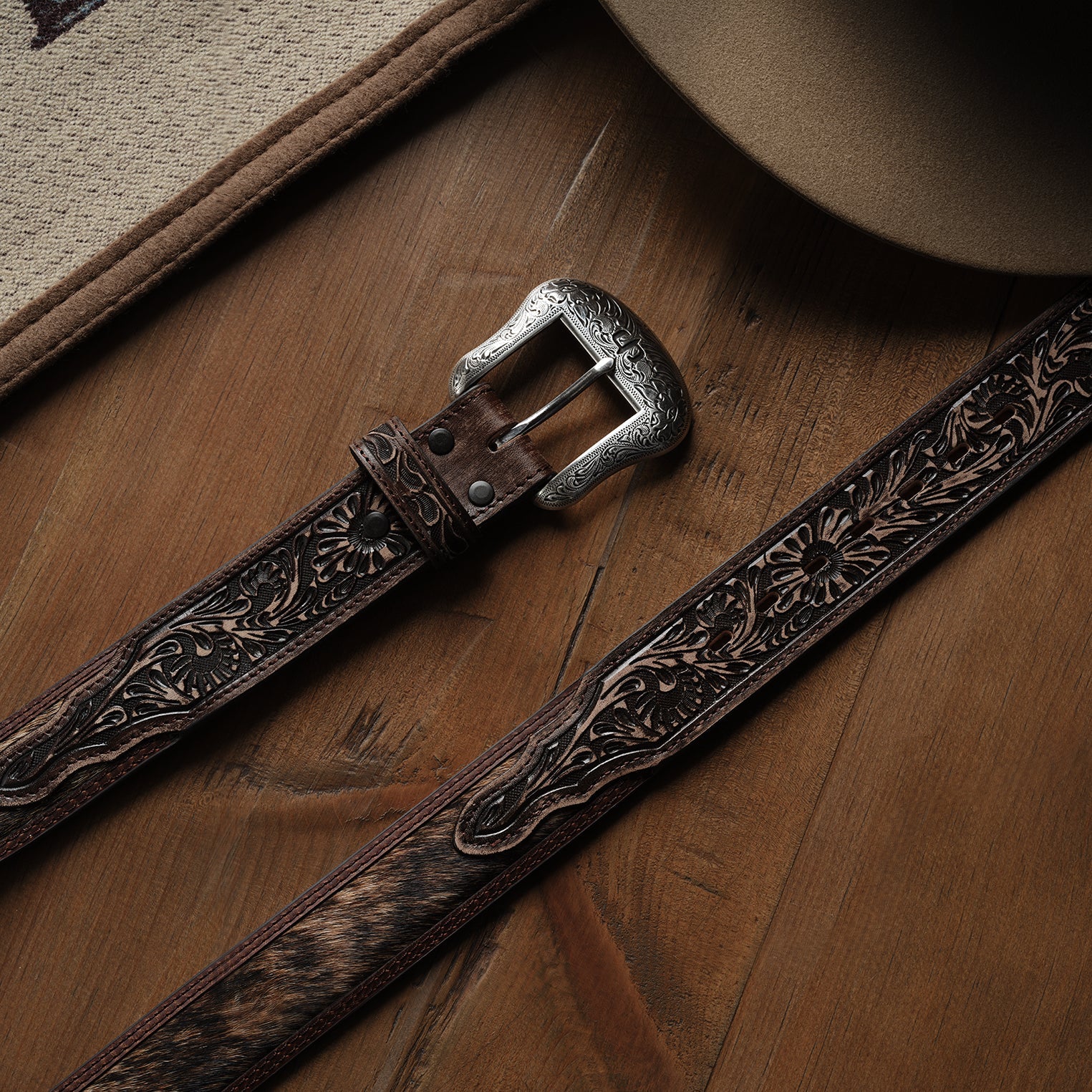 Hair-on-Hide Tooled Tab Belt