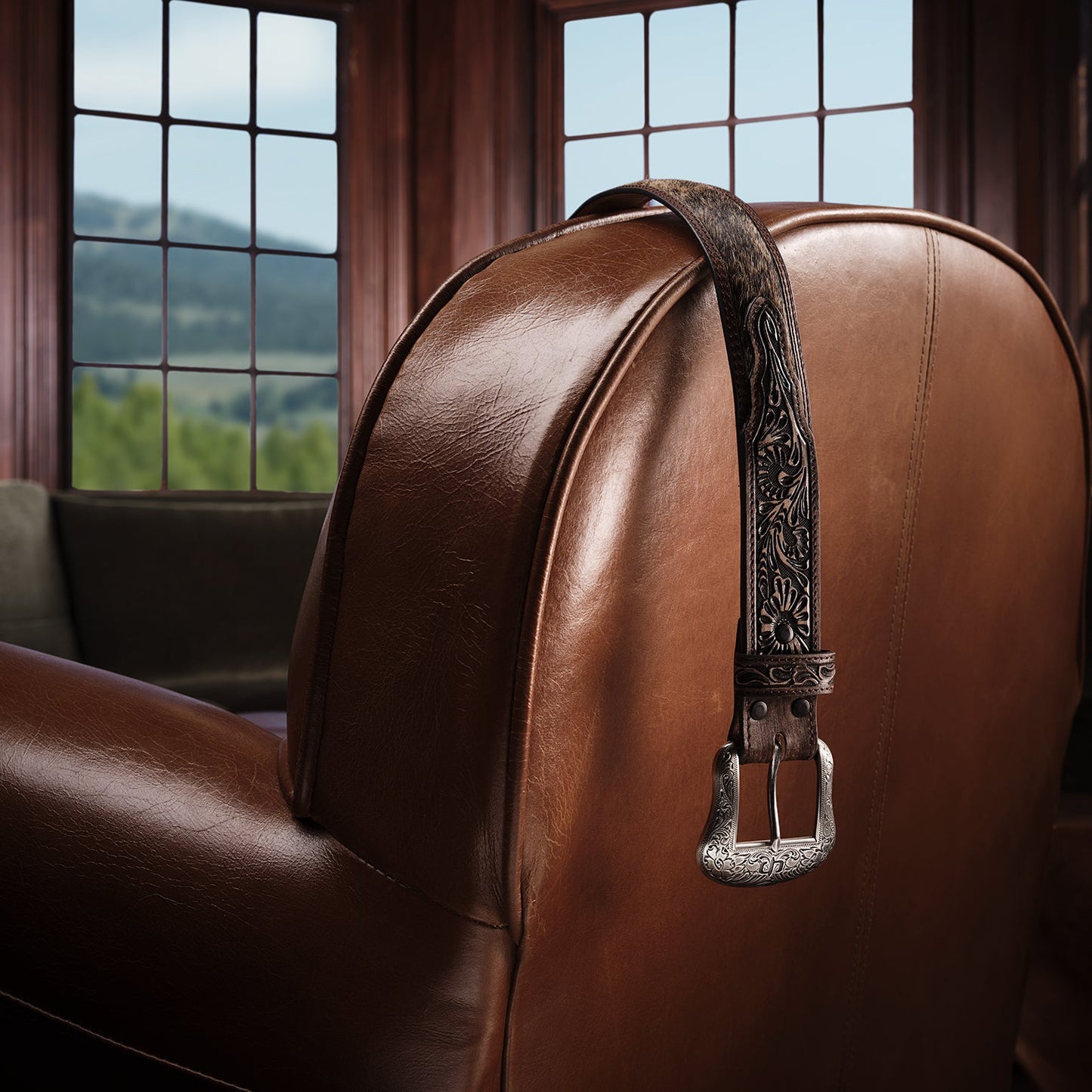 Hair-on-Hide Tooled Tab Belt
