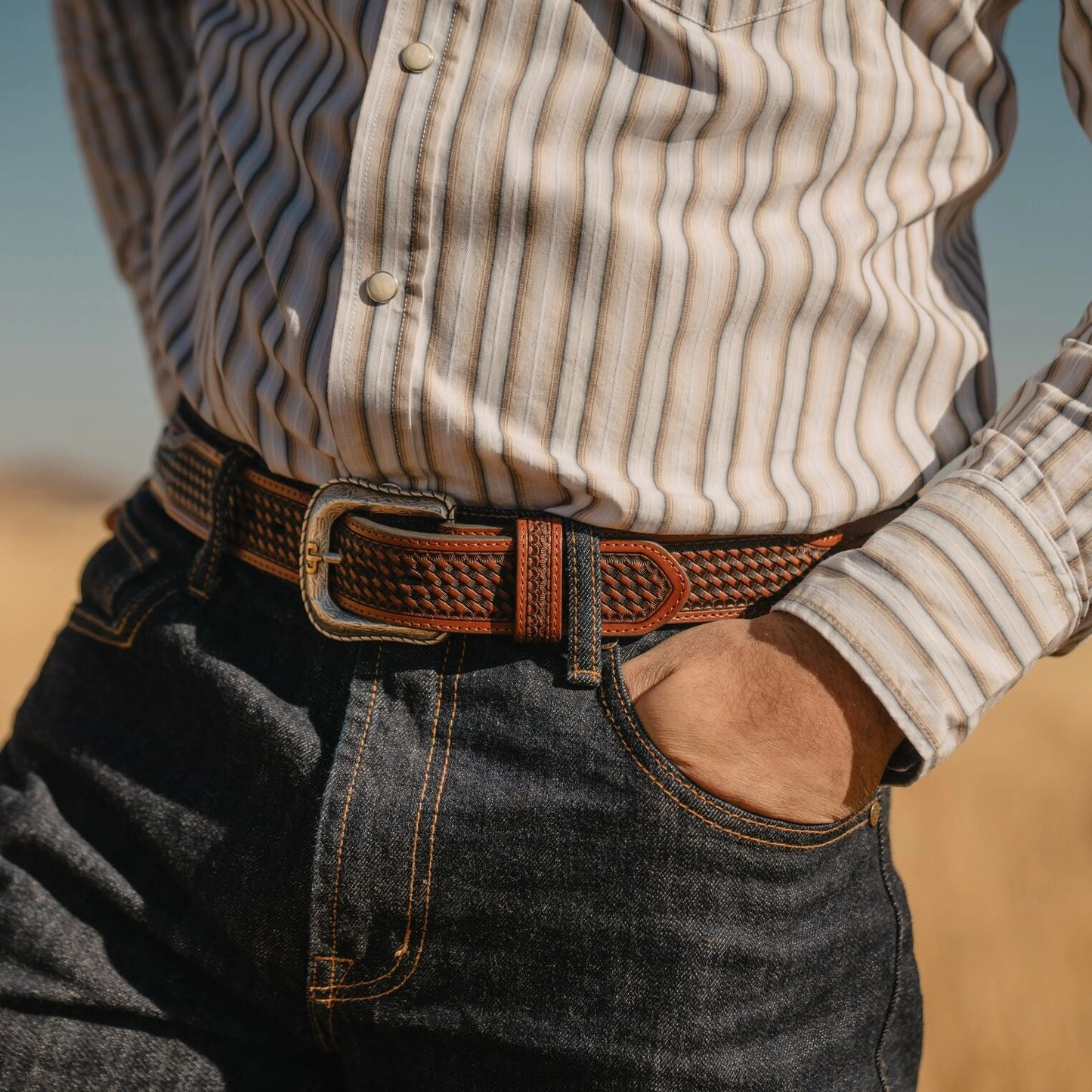 Pebble Leather Basket Weave Tabs Belt
