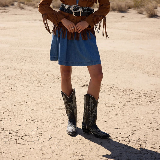 Tina Black & White Flame Embroidered Cowboy Boot